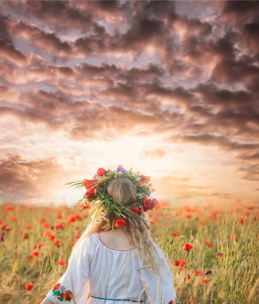 Κορίτσι σε χωράφι με παπαρούνες — Φωτογραφία Αρχείου