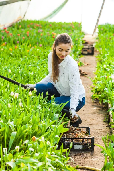 Ogrodnik kobieta porzuca żarówki — Zdjęcie stockowe