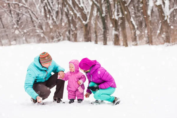 Familie in het winter forest — Stockfoto