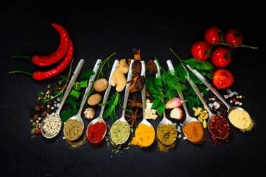 Baharat ve bitki seçimi. Yemek pişirmek için gerekli malzemeler.