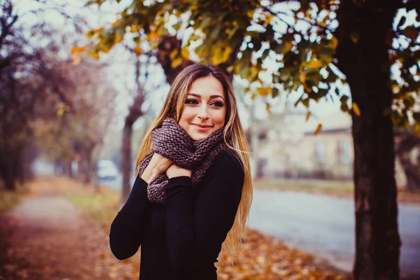 Young stylish girl posing in autumn street — Stock Photo, Image
