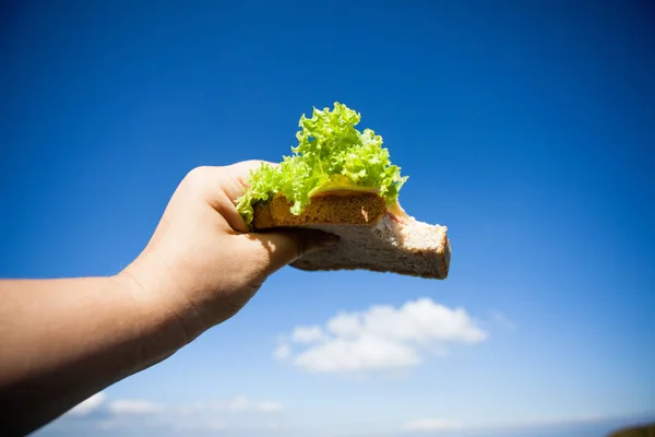 Mãos segurando sanduíche saudável sobre fundo céu azul — Fotografia de Stock
