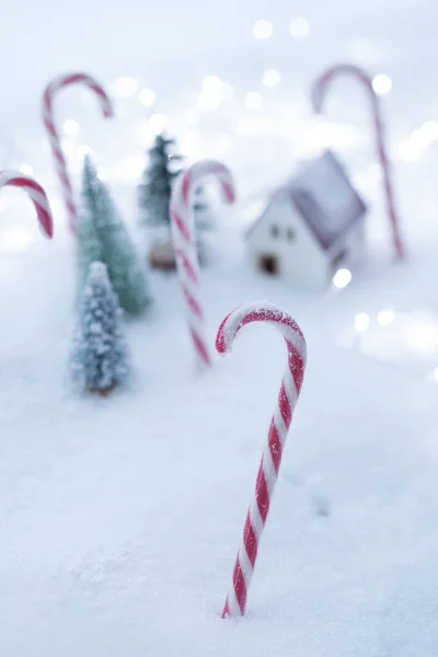 Vánoční přání s malým domkem, jedlemi a dekoracemi na sněhu. — Stock fotografie