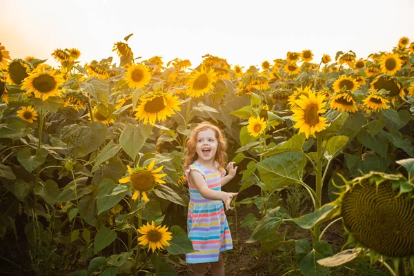 Happy child having fun in summer field with sunflowers. Freedom concept — Stock Photo, Image