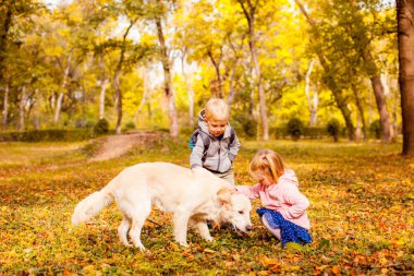Happy children stroking a dog in autumn park
