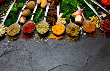Various spices spoons. Big choice of spices and herbs