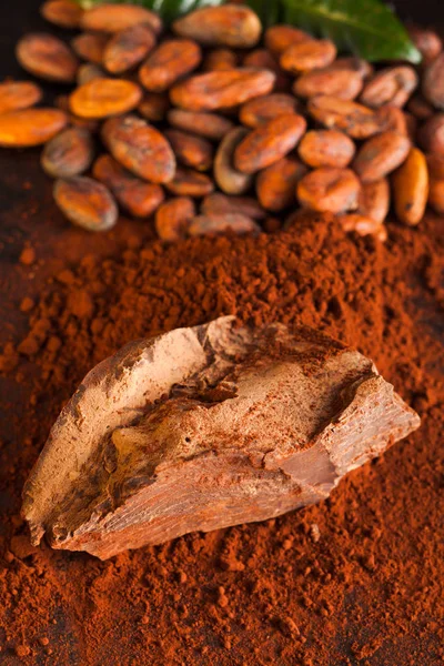 Frijoles de cacao, bloque de chocolate y cacao en polvo de cerca —  Fotos de Stock