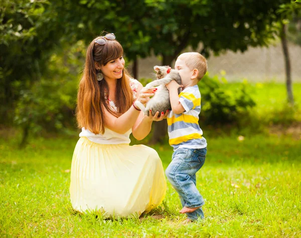 Família feliz brincando com um gato na grama verde no jardim — Fotografia de Stock