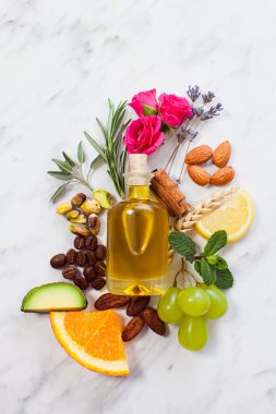 Essential oil and skincare plant mix, herbal skincare ingredients.