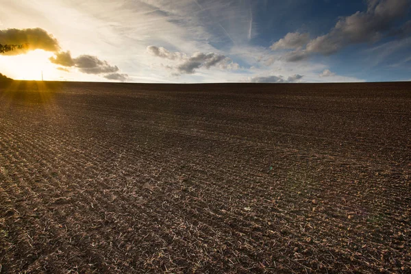 Plowed field prepared for planting crops at sunset — Stock Photo, Image