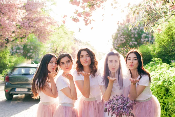 Meninas felizes fazendo beijo de ar e olhando para a câmera — Fotografia de Stock