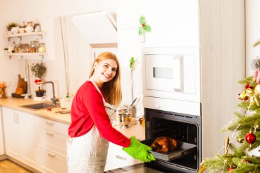 Genç ev hanımı Noel 'de ailesi için yemek pişiriyor.