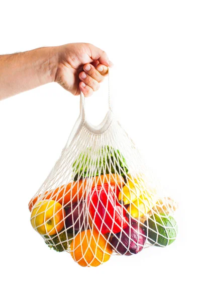 Worek na zakupy ze stringami z owoców i warzyw — Zdjęcie stockowe