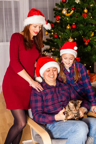 Gelukkig gezin in Santas hoeden spelen met nieuwe kitten — Stockfoto