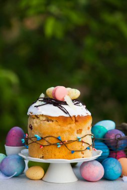 Side view of Easter cake outdoors in garden