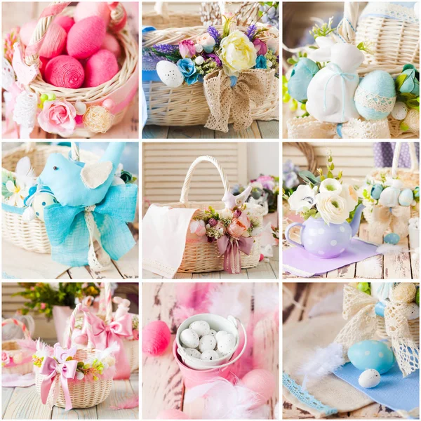 Easter baskets, eggs, decoration and flowers, collage — Stok fotoğraf