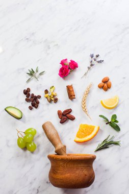 Still life natural cosmetics components, flat lay