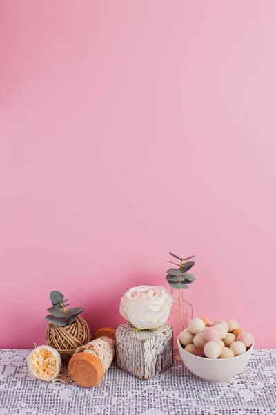 Still life with vintage crocheted table cloth — Stock Photo, Image