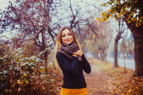 Foto de moda ao ar livre de jovem bela senhora no outono dia frio . — Fotografia de Stock