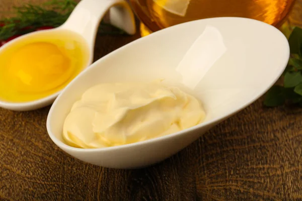 Mayonnaise with egg and oil — Stock Photo, Image