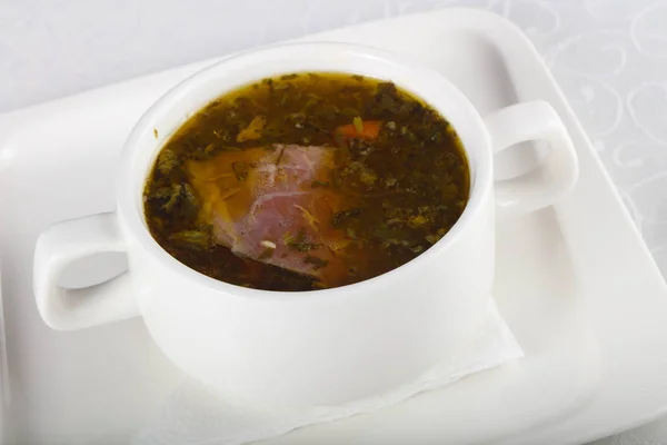 Soupe Agneau Aux Herbes Dans Bol Sur Table — Photo