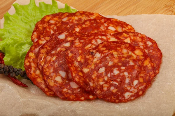 Szeletelt Ízletes Chorizo Kolbász Mint Fából Készült Háttér — Stock Fotó