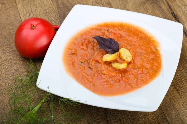 Słynne Hiszpańskie Gazpacho Pomidorów Zupa Zimno Tle Drewna — Zdjęcie stockowe
