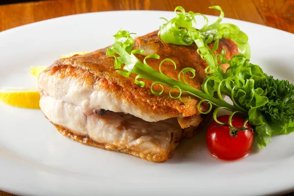 Plate Baked Salmon Wooden Table Background — Stock Photo, Image