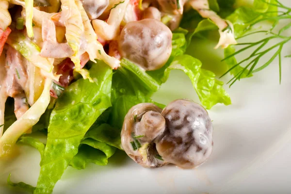 Pickled Mushroom Salad Plate Wooden Background — Stock Photo, Image