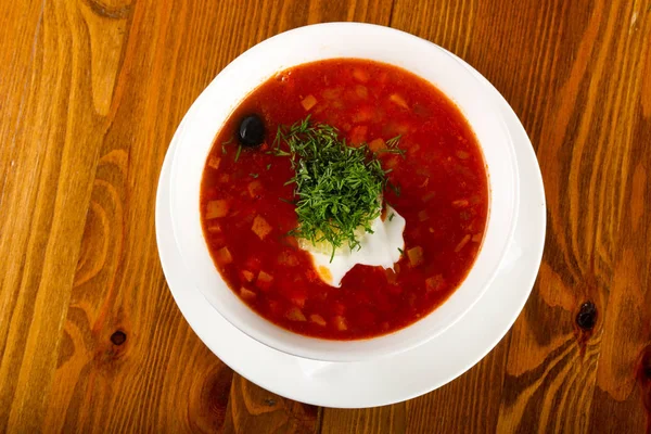 Cuenco Sopa Tradicional Rusa Solyanka Sobre Fondo Madera — Foto de Stock