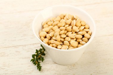 Ahşap arka plan üzerinde kapta çiğ beyaz fasulye