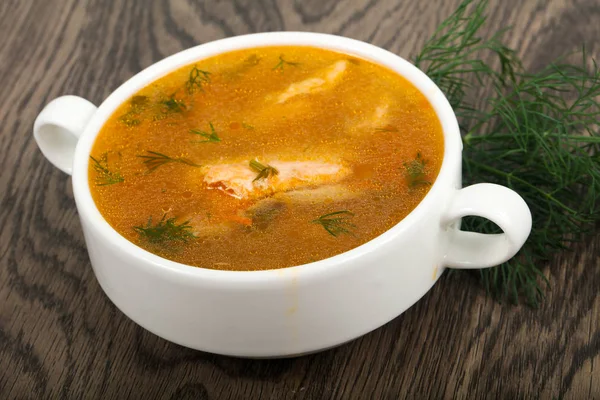 Tigela Sopa Peixe Salmão Sobre Fundo Madeira — Fotografia de Stock