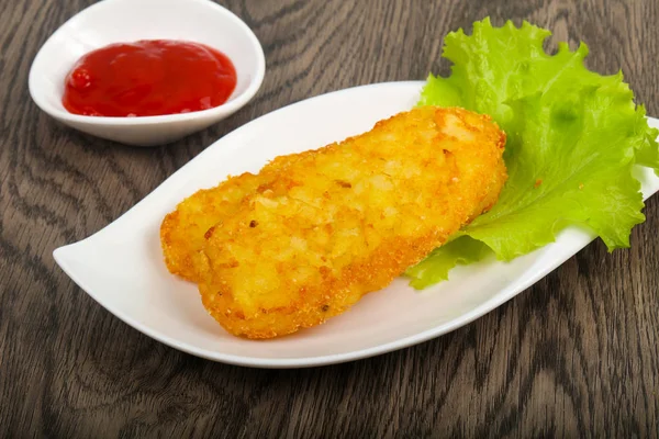 Nærbillede Kartoffelpandekager Med Sauce Salat Træbaggrund - Stock-foto