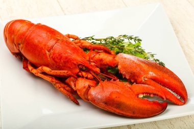 Lezzletli mutfağı - haşlanmış ıstakoz için hazır yemek ahşap arka plan üzerinde