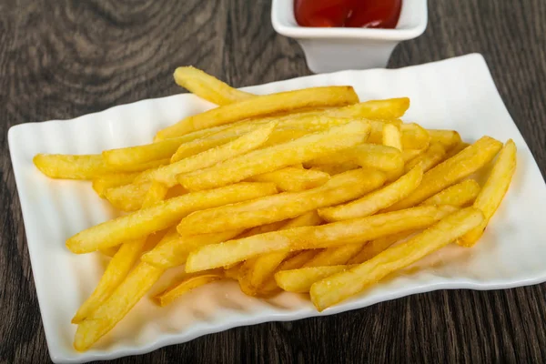 Frietjes Met Tomatenketchup Houten Achtergrond — Stockfoto