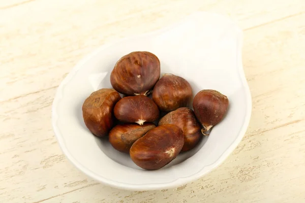 Tasty Chestnuts Bowl Wooden Background — Stock Photo, Image
