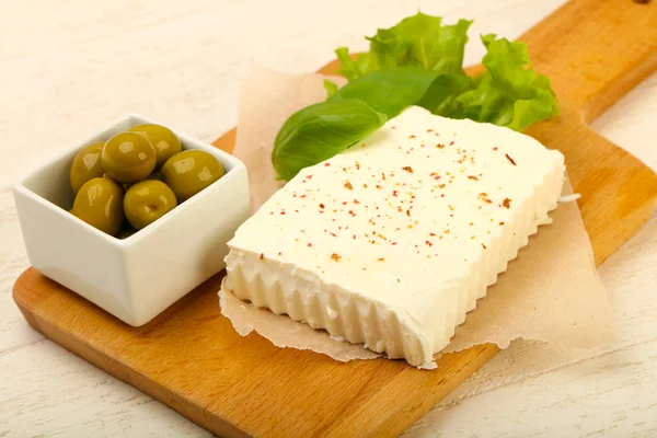 Feta Sajt Olajbogyó Mint Fából Készült Háttér — Stock Fotó