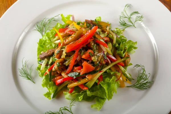 Hot Beef Salad White Plate Wooden Background — Stock Photo, Image