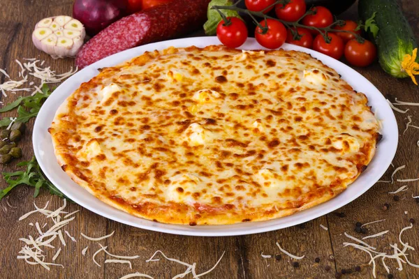 Tasty Four Cheese Pizza Wooden Background — Stock Photo, Image