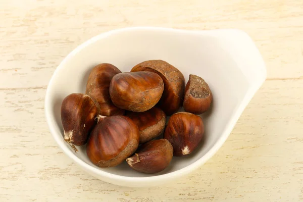 Tasty Chestnuts Bowl Wooden Background — Stock Photo, Image