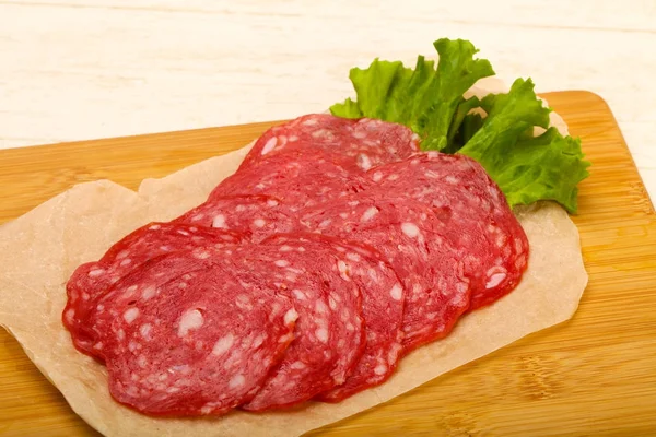 Salchichon Affettato Spagna Salsiccia Sfondo Tavolo Legno — Foto Stock