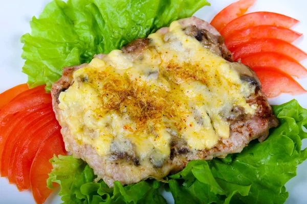 Steak Porc Aux Champignons Tomates Fromage — Photo