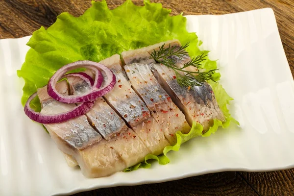 Herring Fillet Ready Eat Wooden Background — Stock Photo, Image