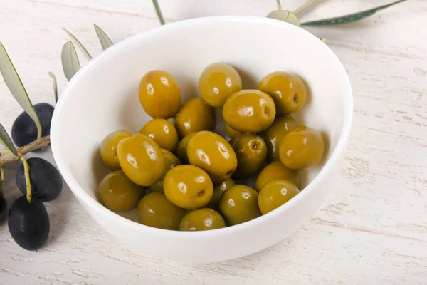 Green Olives Bowl Wooden Background — Stock Photo, Image
