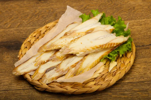 Belut Sashimi Atas Kapal Makanan Jepang Atas Meja Kayu Latar — Stok Foto