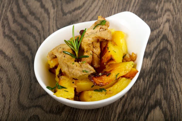 Fried Potato Pork Served Rosemary Wooden Background — Stock Photo, Image