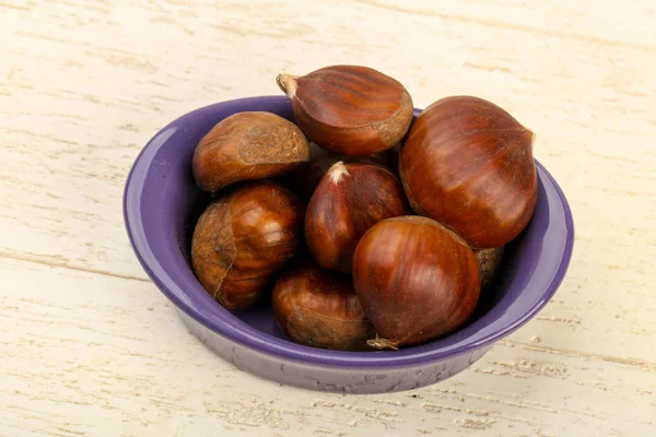 Chestnuts Bowl Wooden Background — Stock Photo, Image