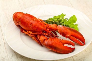 Lezzletli mutfağı - haşlanmış ıstakoz için hazır yemek ahşap arka plan üzerinde