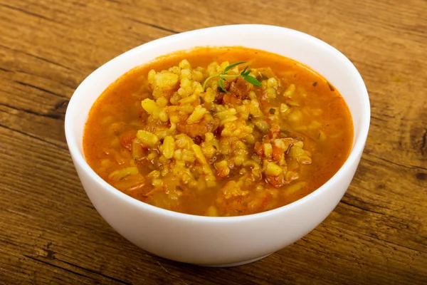 Caucasian Kharcho soup over wooden background — Stock Image Caucasian Kharcho Soup Wooden Background Stock Picture