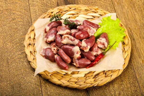 Raw Chicken Hearts Lettuce Wooden Background — Stock Photo, Image